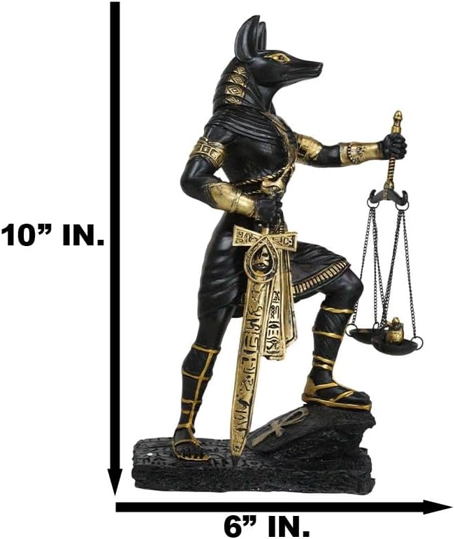 Ebros Ancient Egyptian God Anubis with Scales of Justice Statue Gods of The Dead and Afterlife Weighing The Heart Against Ostrich Feather Figurine 10" Tall (Black and Gold)