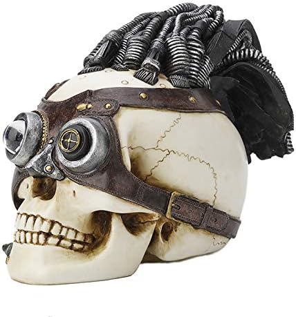 Veronese Design 5 7/8 Inch Steampunk Skull with Wire Hair and Leather Goggles Resin Hand Painted Statue Home Decor