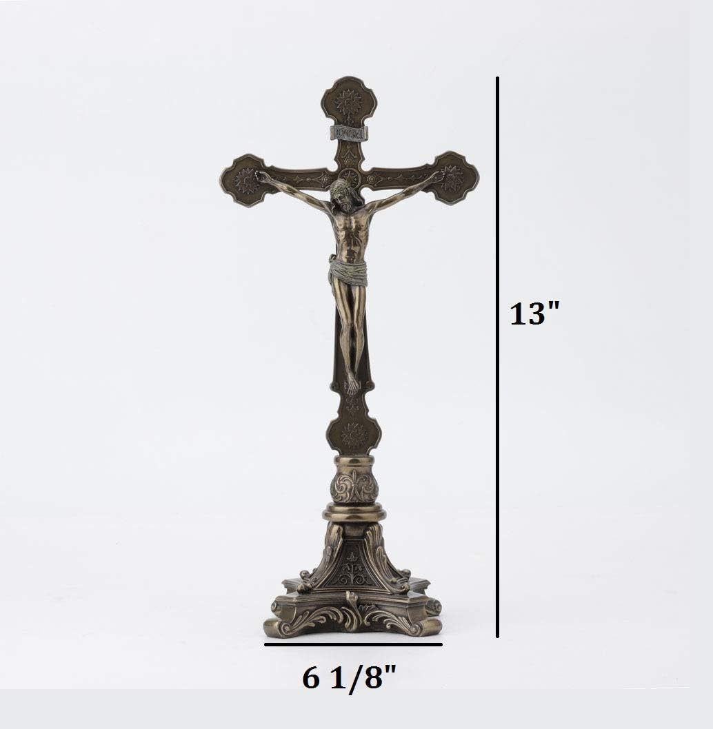 Veronese Design 13" Tall Standing Crucifix Baroque Style Stand Cold Cast Resin Antique Bronze Finish Religious Gift Home Decor Alter Sculpture