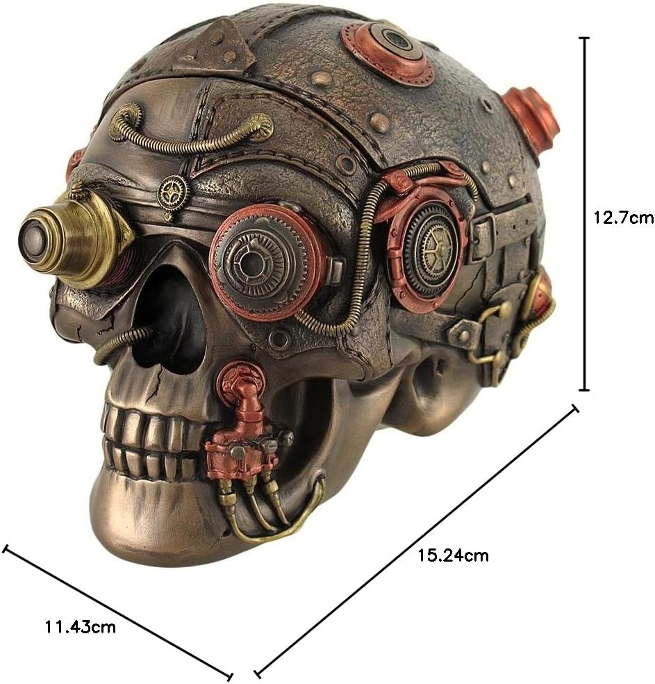 Veronese Design Bronze Finish Leather Look Gearhead Steampunk Skull Trinket/Stash Box