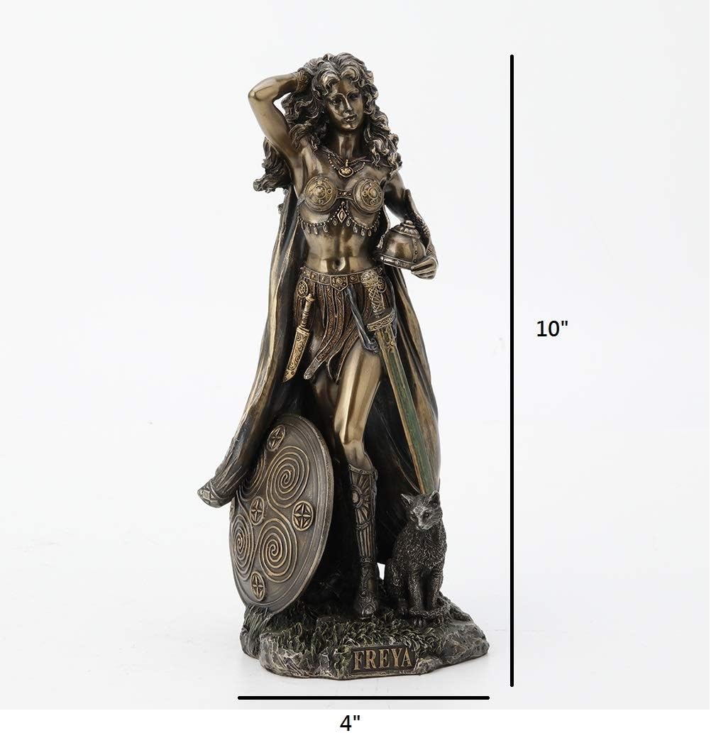 Veronese Design Freya, Norse Goddess of Love, Beauty and Power, with Helmet and Shield - Antique Bronze Finished Resin Statue - Excellent Detail, Hand Painted Accents - 10 Inches Tall