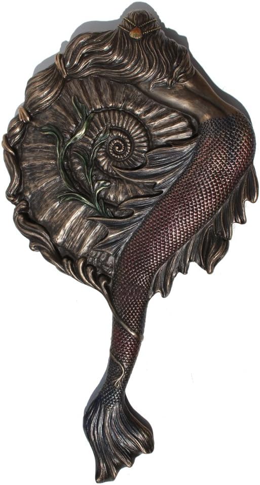Masada Goods Mermaid Hand Mirror Collectible Decoration Figurine Cold Cast Bronze, 11 Inch Round Tabletop Mount, Bronze Copper Gold Brown Beige