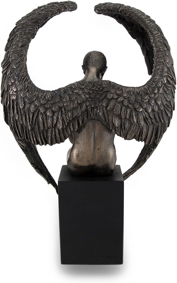 Veronese Design Bronze Finished Pensive Male Angel Statue On Black Base