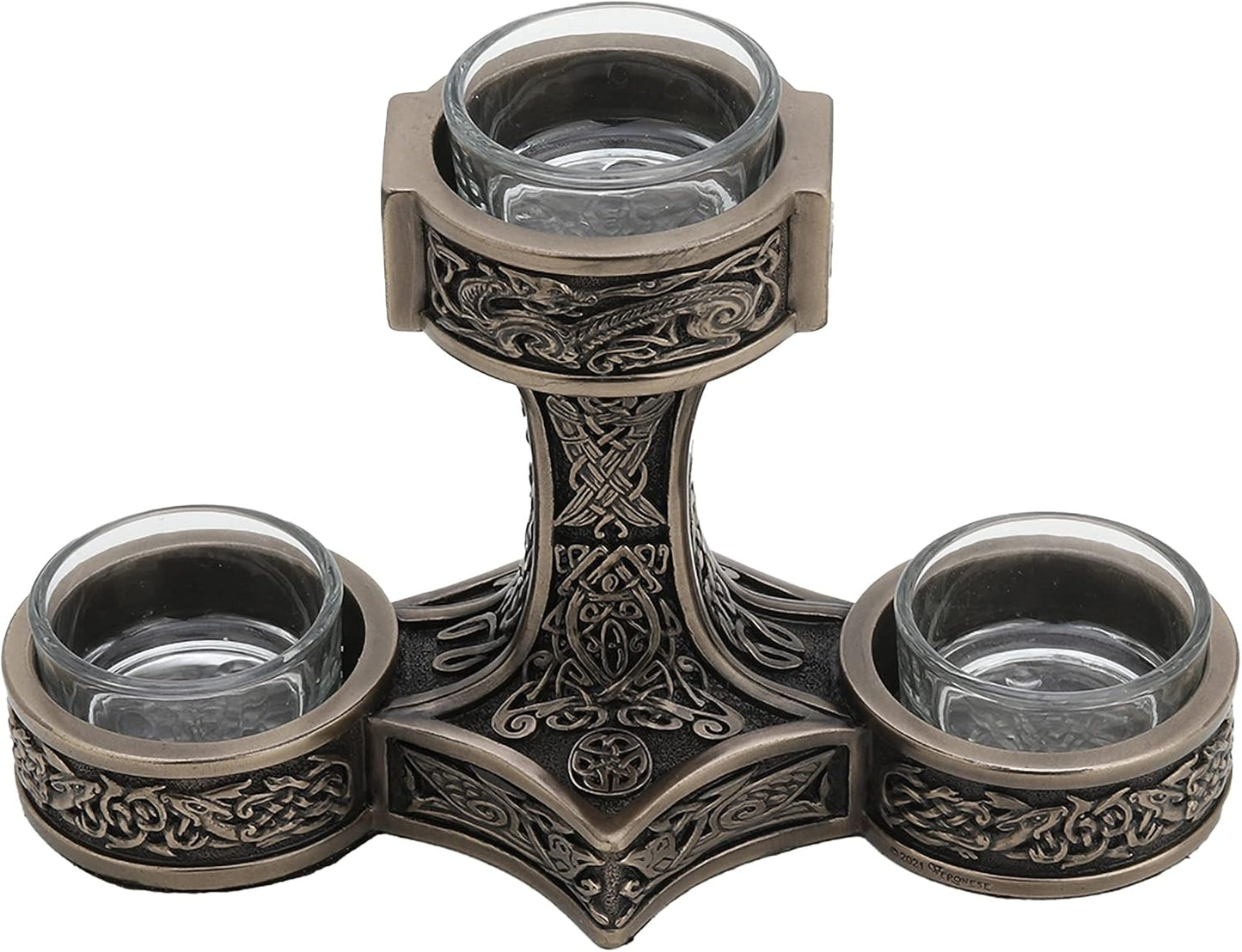 Veronese Design 4 7/8 Inch Tall Mjolnir Hammer of Thor Triple Head Tealight Candle Holder Viking Nordic Decor Cold Cast Bronzed Resin Sculpture