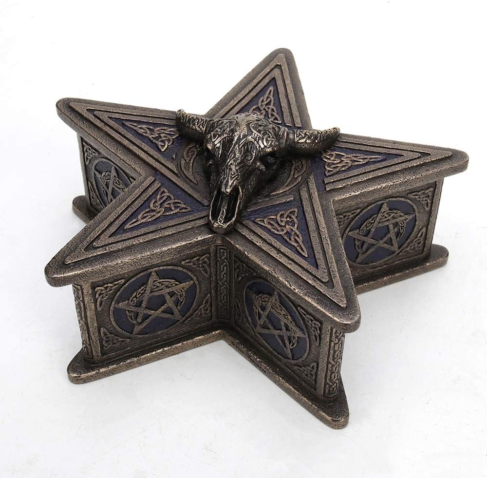 Veronese Design 2 3/4" Tall Cold Cast Resin Antique Bronze Finish Occult Cow Skull Pentagram Trinket Box Statue Container