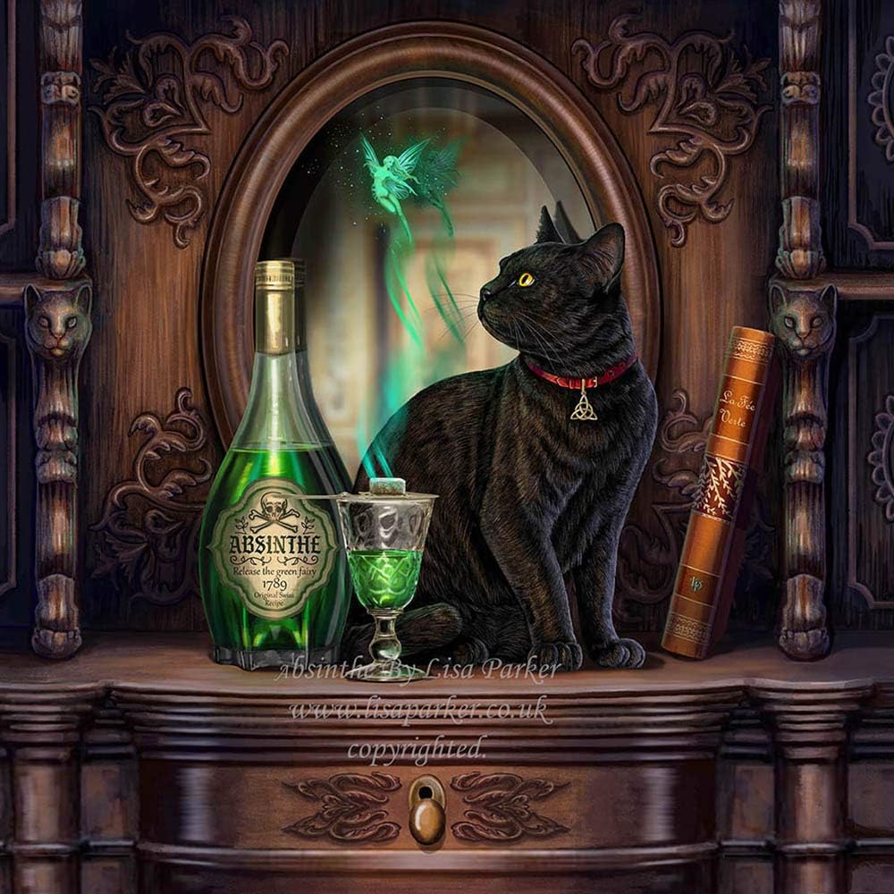 Veronese Design 8.5 Inch Lisa Parker Absinthe Fairy Black Cat Mirror with Drawer Polyresin Hand Painted Figurine Animal Sculpture