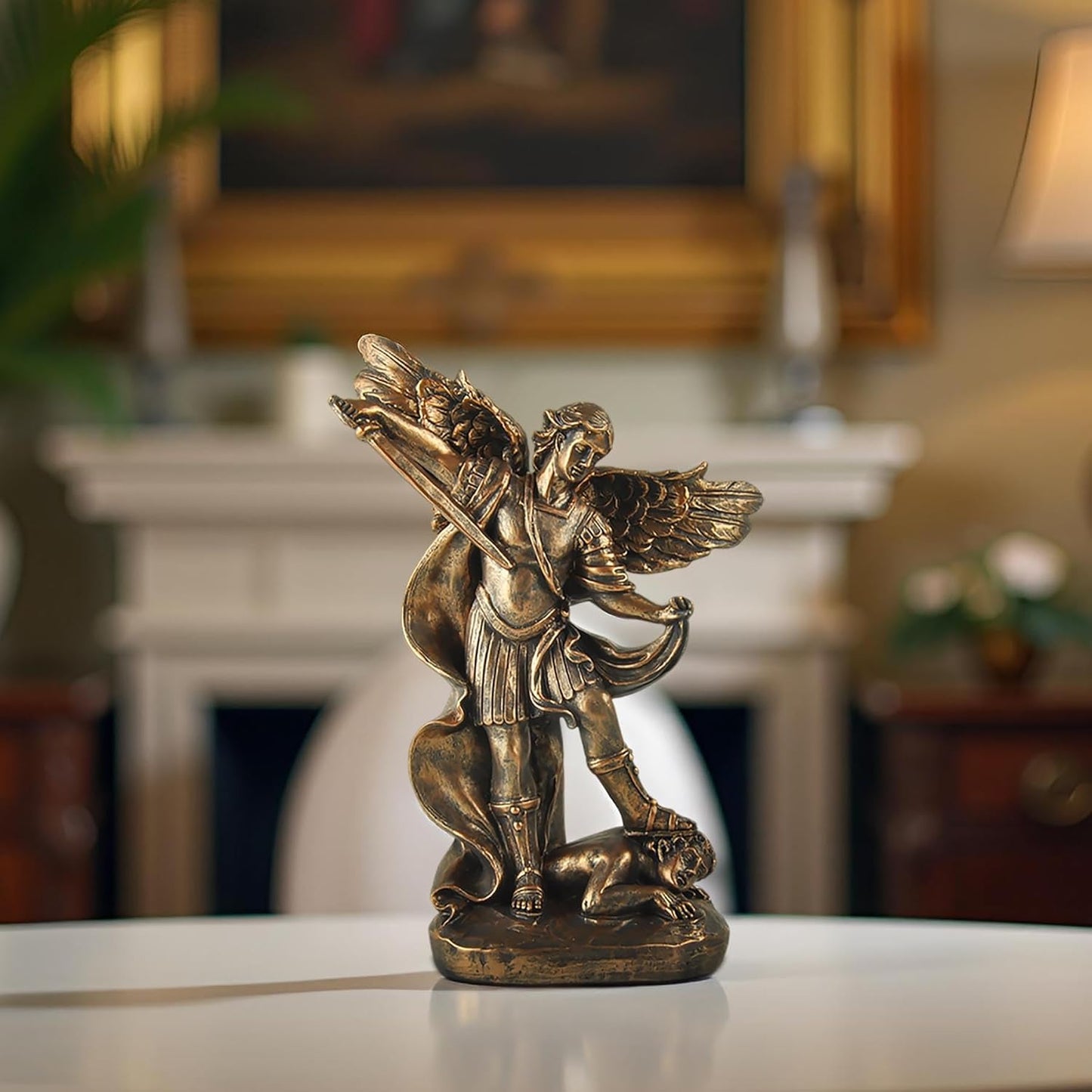 19 cm Bronze St Michael the Archangel Statue – Antique-Effect Resin San Miguel Figurine, Archangel Michael Defeating Satan, Collectable Religious Ornament for Home Decor