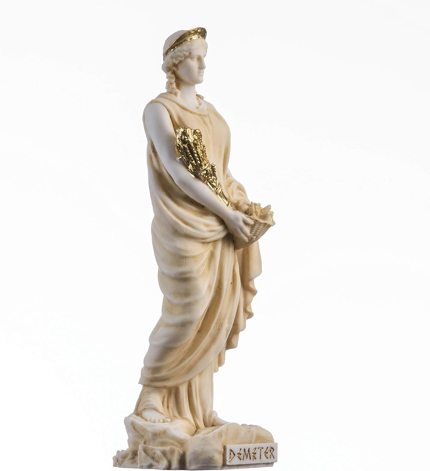 BeautifulGreekStatues Demeter Goddess of the harvest and agriculture Alabaster Statue Gold Tone 8.6 Inch