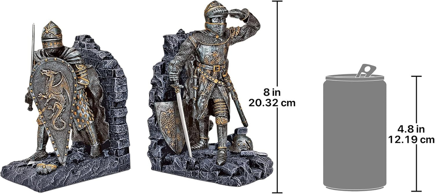 Design Toscano CL3434 Arthurian Knight Medieval Decor Bookend Statues, 20.25 cm, Set of Two, Polyresin, Grey Stone