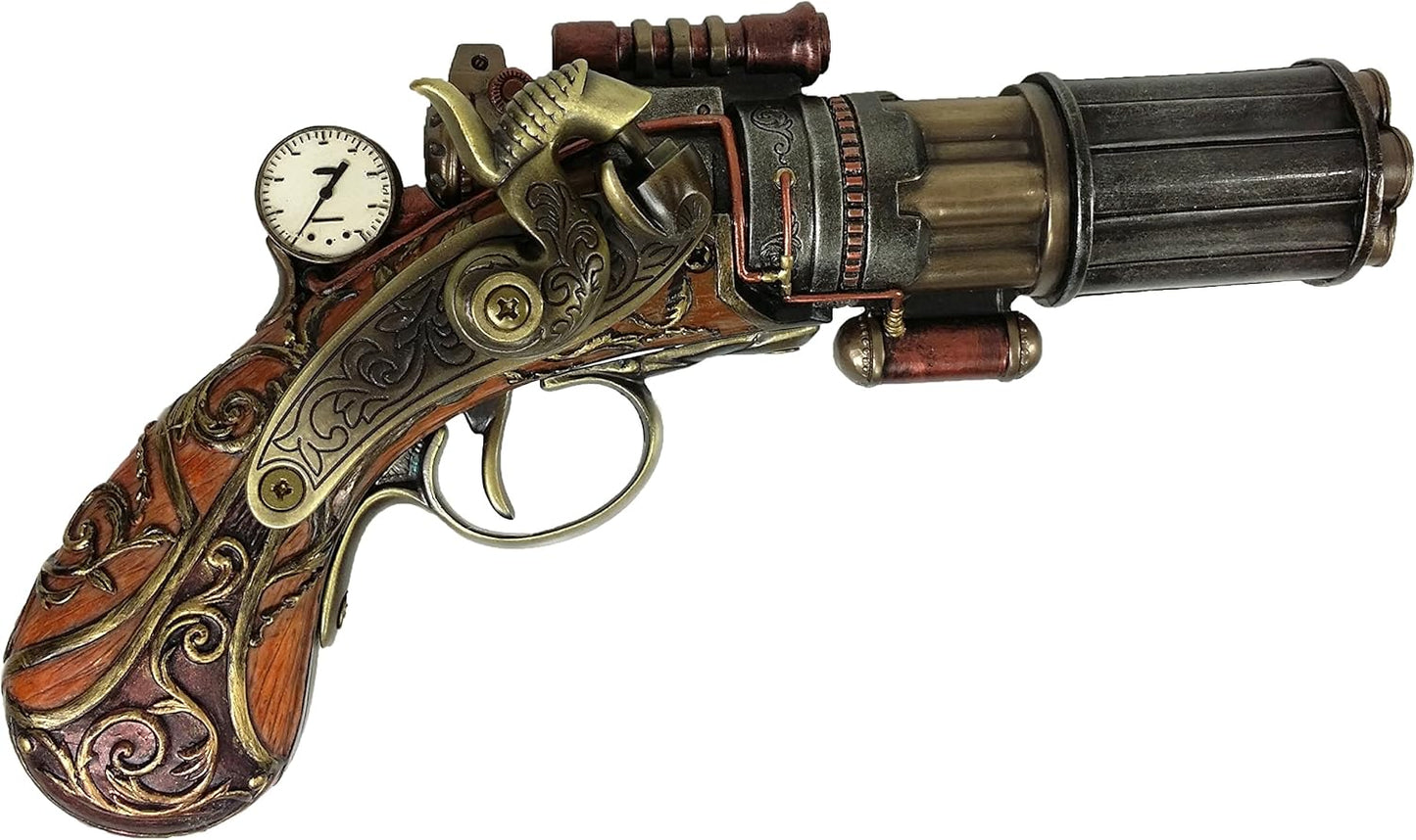 VERONESE 6 Barrel Steampunk Display Pistol Gun Prop W/Gauntlet Glove Stand Statue Figurine
