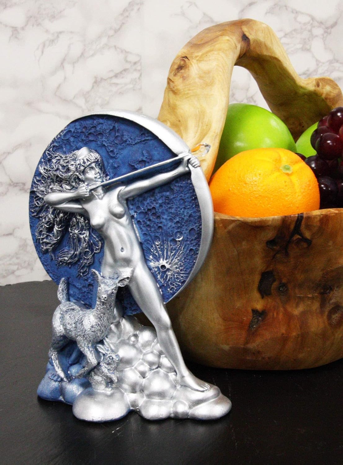 Greek Goddess of The Hunt Moon Diana Drawing Bow and Arrow with Companion Deer Statue Oberon Zell Rendering of Artemis Sculpture