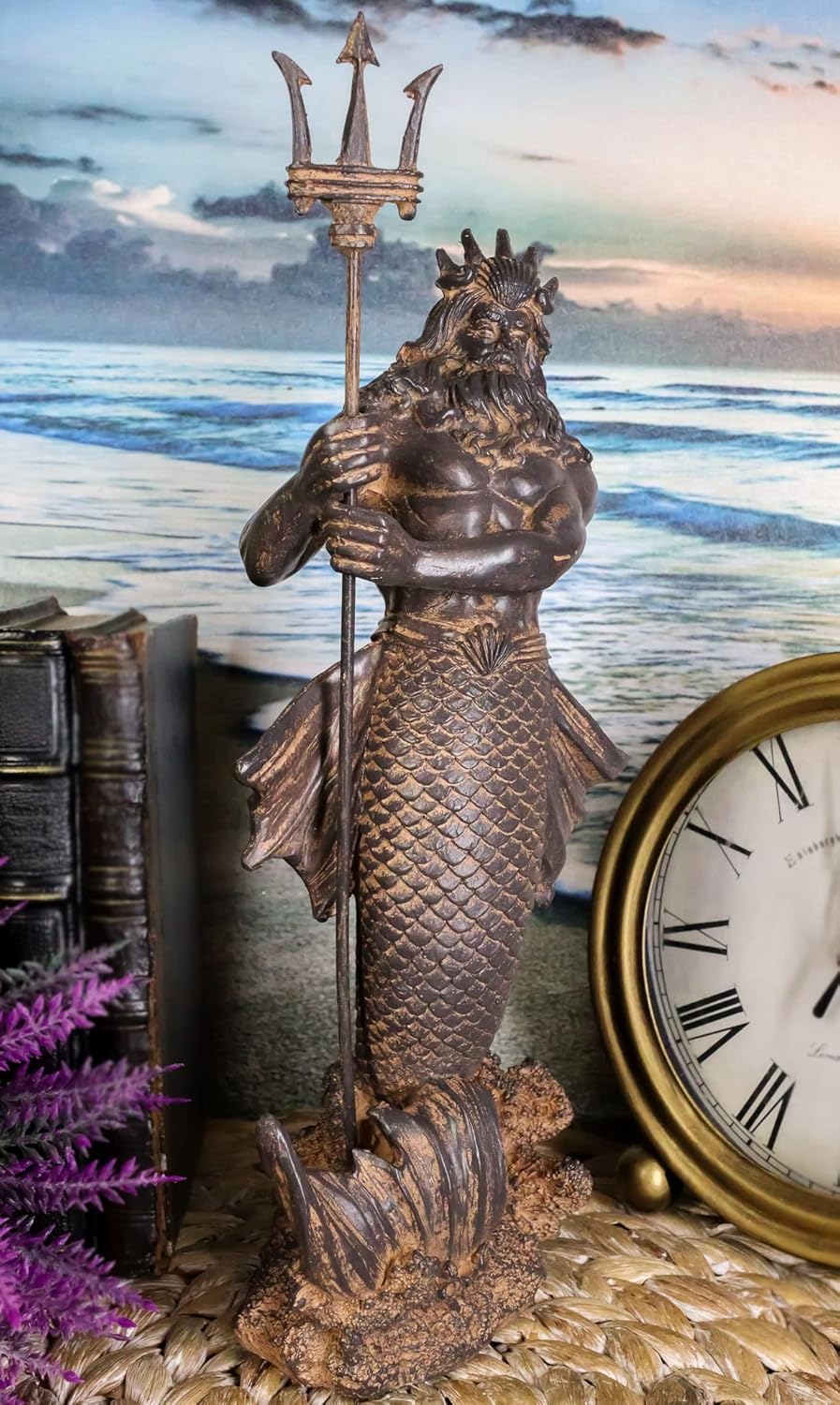 Ebros Greek Mythology God of The Seas and Tremors Merman Poseidon Statue Neptune Holding Trident Figurine Nautical Coastal Collection Roman Greco Olympian Gods Decor Sculpture Bronze Patina