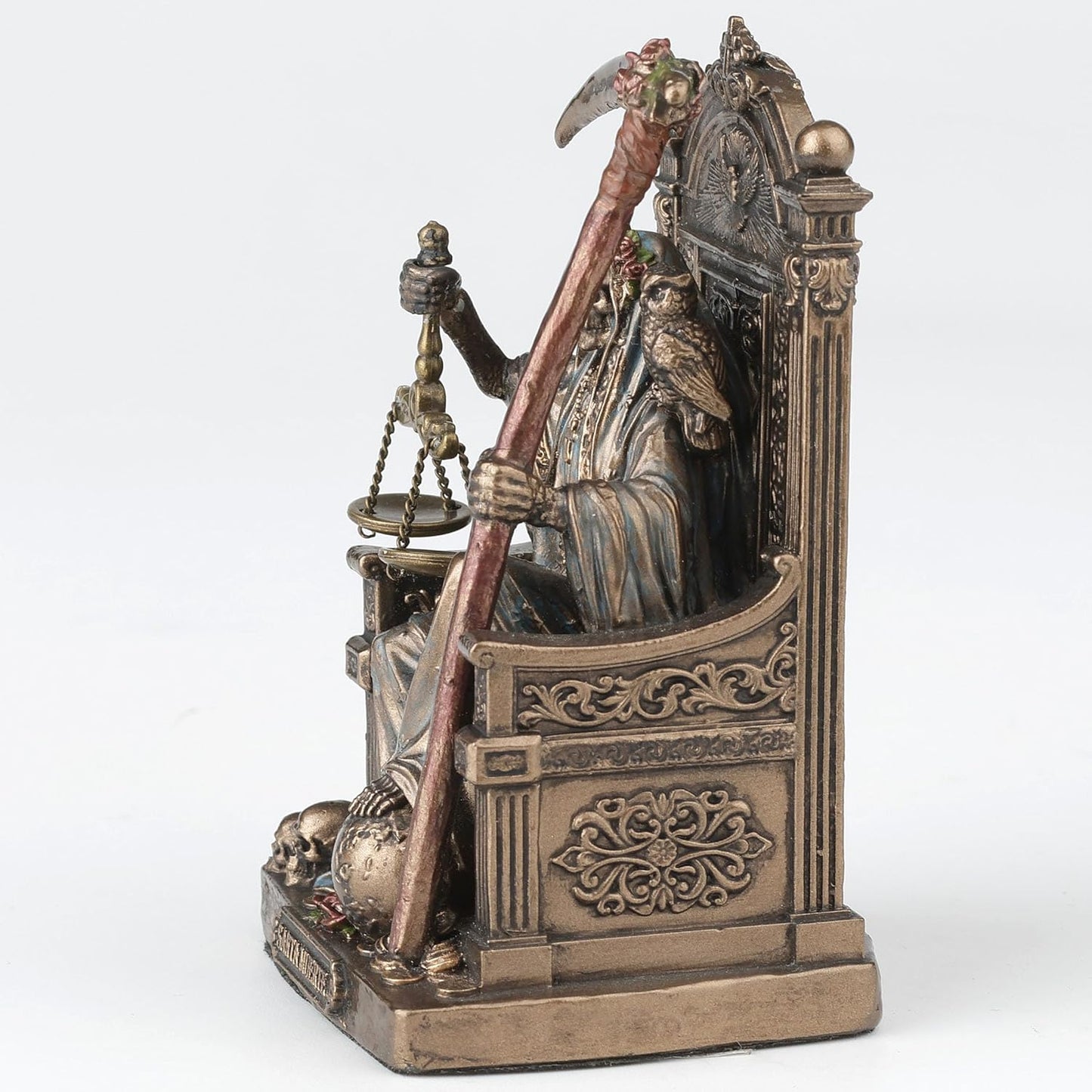 Veronese Design 3 3/8 Inch Santa Muerte Seating On Throne Holding Scythe and Scale Polystone Hand Painted Bronze Finish Collectible Figurine Home Decor