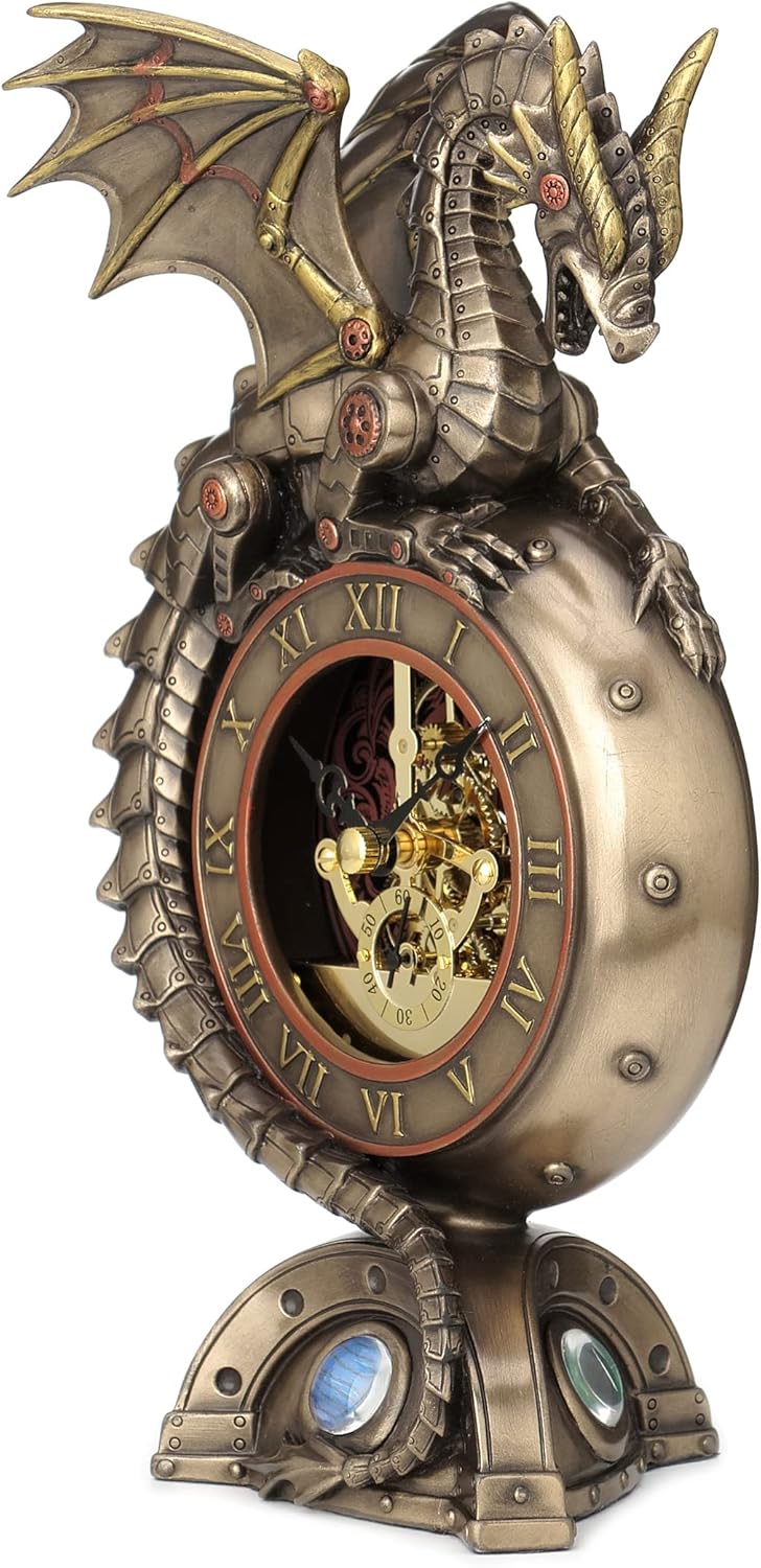 Resin Table Clocks Steampunk Dragon Bronze Finish Table Clock With Moving Clockworks 4.75 X 9 X 3 Inches Bronze