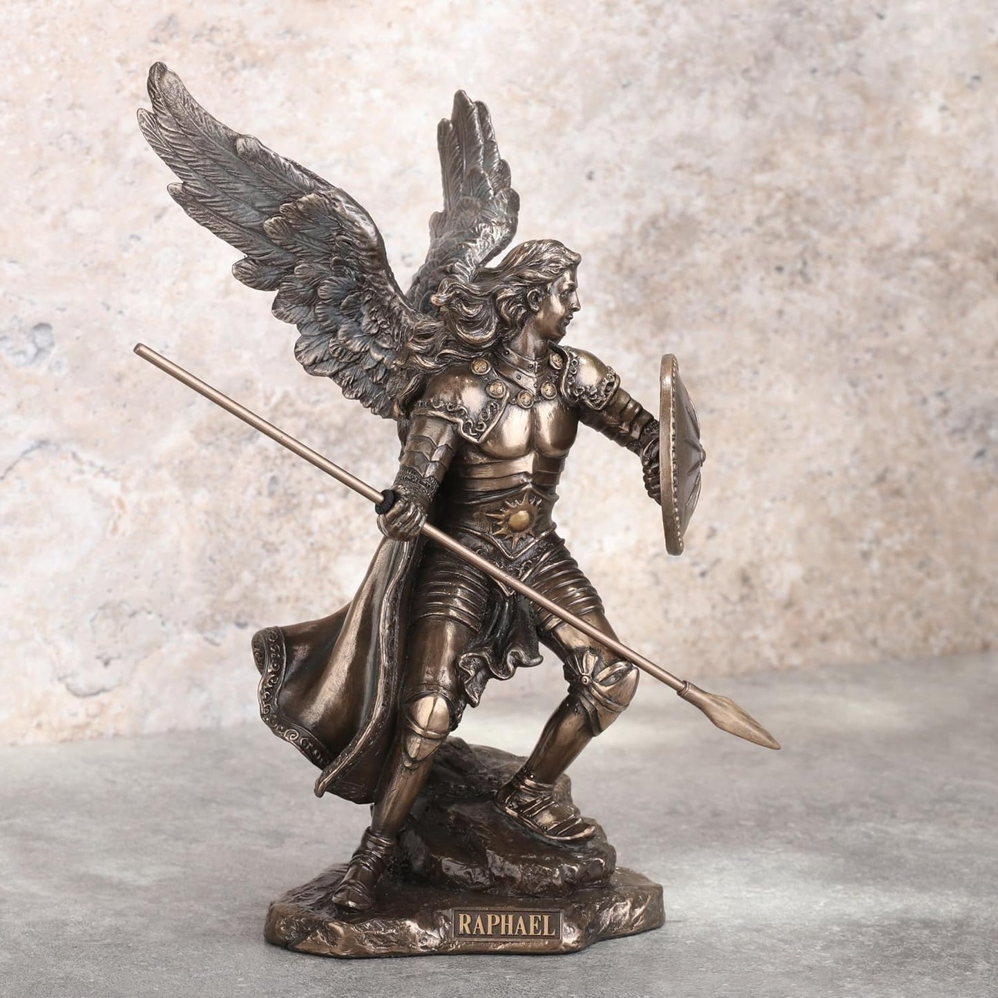 Raphael God Has Healed Holding Shield and Spear Bronze Statue Figurine