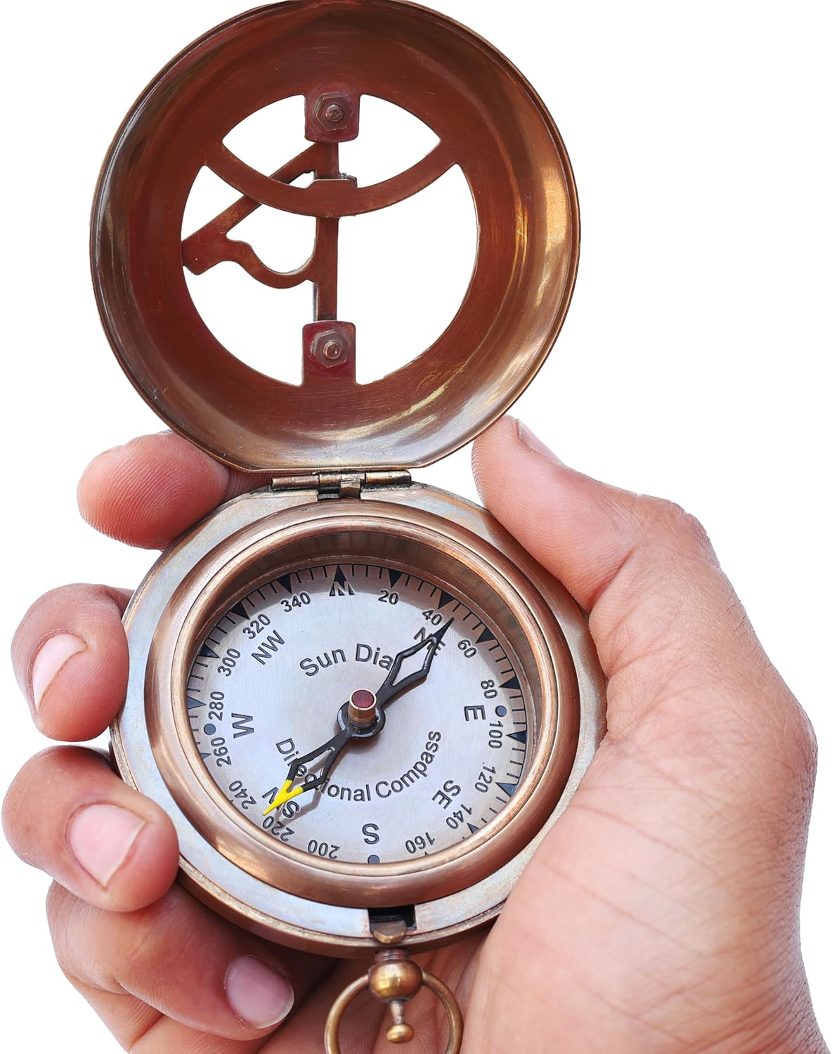 Brass Sundial Compass with Leather Case and Chain - Push Open Compass - Steampunk Accessory – Unique Gift for Men - Beautiful Handmade Gift - Sundial Clock – Sun Clock – Steampunk Clock