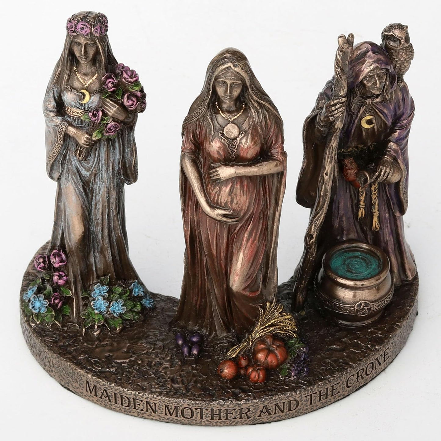 Veronese Design 4 3/8 Inch Triple Moon Goddess Maiden Mother and Crone Cold Cast Resin Bronze Finish Wiccan Sculpture
