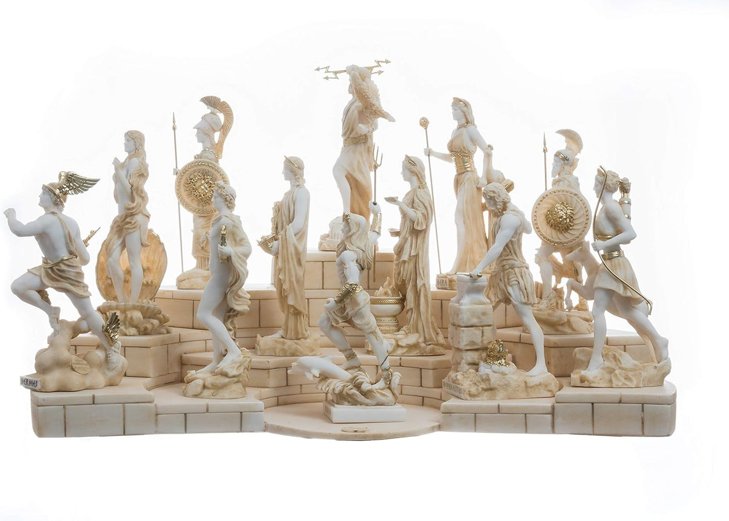 BeautifulGreekStatues Set 12 Olympian Gods of Mount Olympus Pantheon Gold Tone Alabaster Statues 6.7"