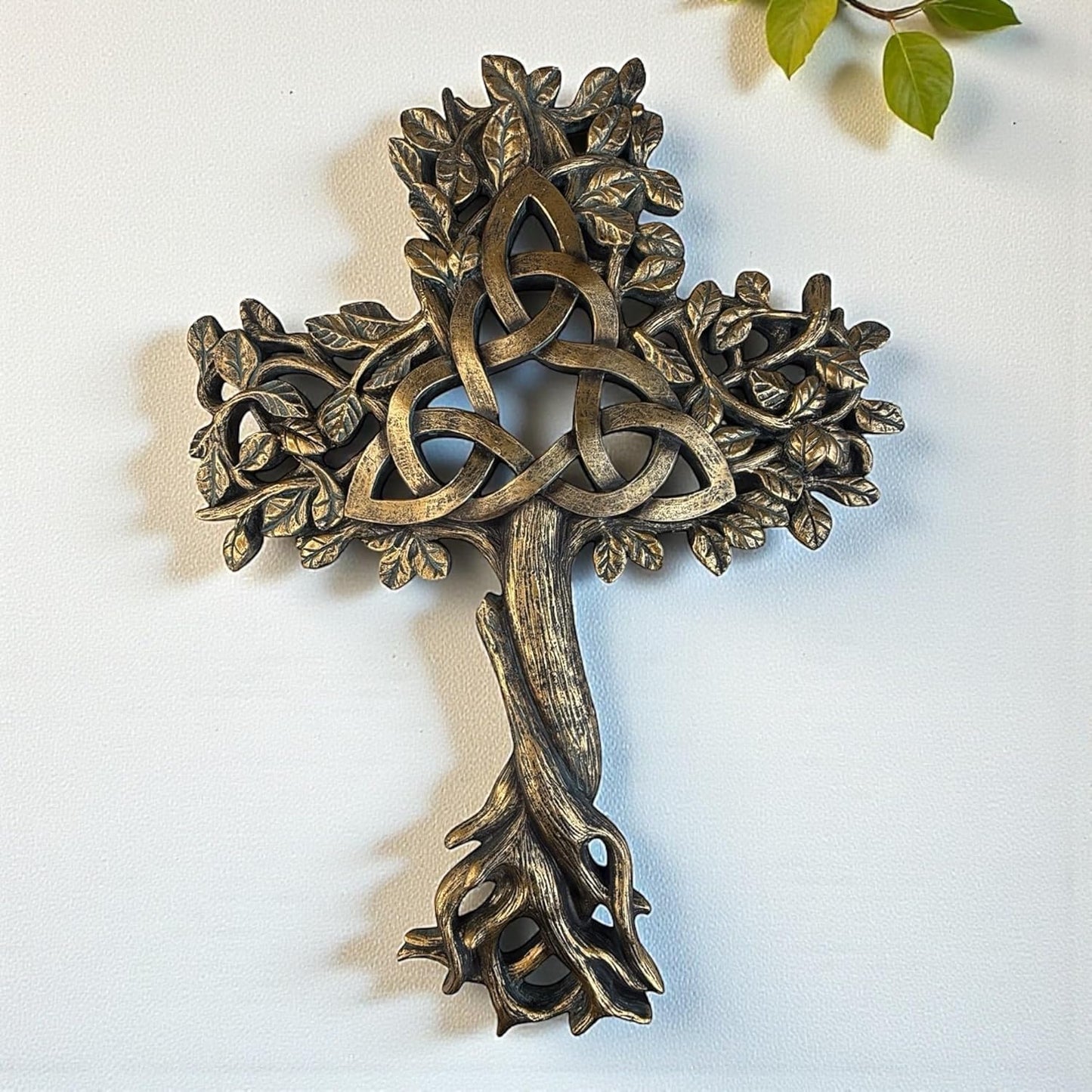 Top Brass Celtic Tree of Life Wall Cross – Resin Decorative Sculpture with Spiritual Trinity Knot & Sawtooth Hanger – 12 ¼” Tall Christian Home Decor, Rustic Bronze Finish