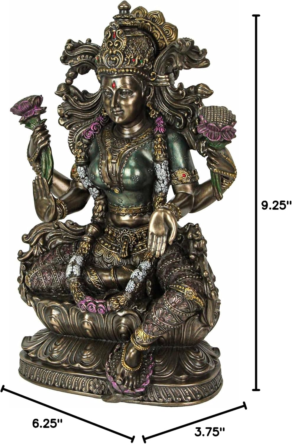 Veronese Design 9 1/2 Inch Tall Lakshmi Hindu Goddess Sitting On Lotus Cold Cast Bronzed Resin Statue Religious Figurine Spiritual Collectible