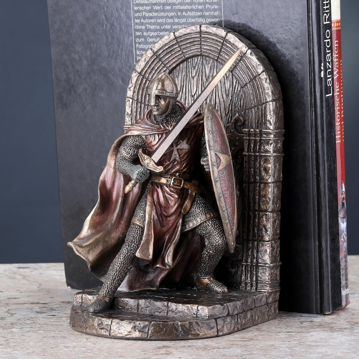 Veronese Design Maltese Crusader Statue in Armor Guarding Door Holding Shield & Sword Bookend