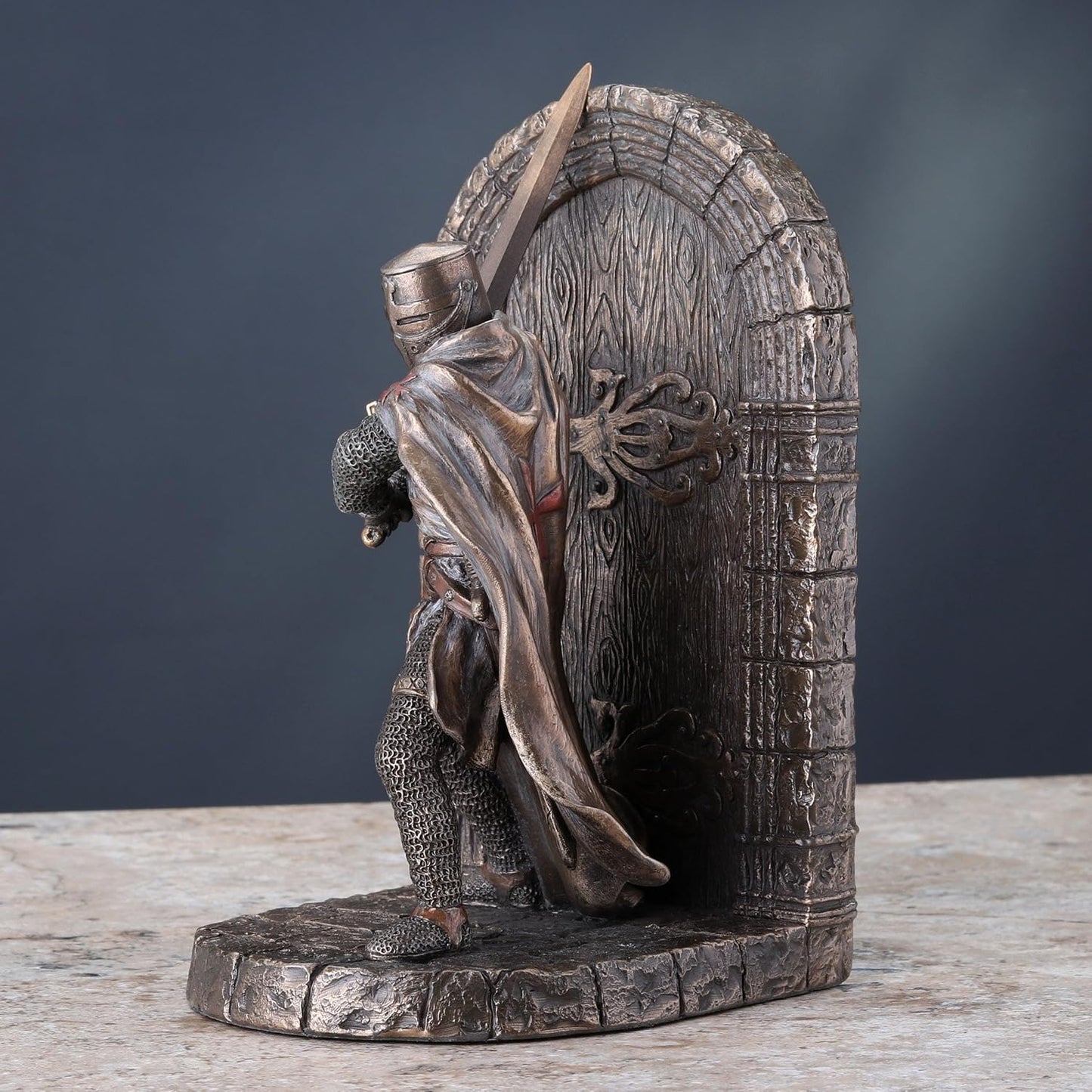 Armored Maltese Crusader With Sword Guarding Door Single Bookend Cold Cast Bronze