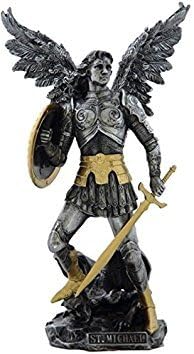 12.75 Inch Archangel Saint Michael Figurine, Pewter and Gold Color