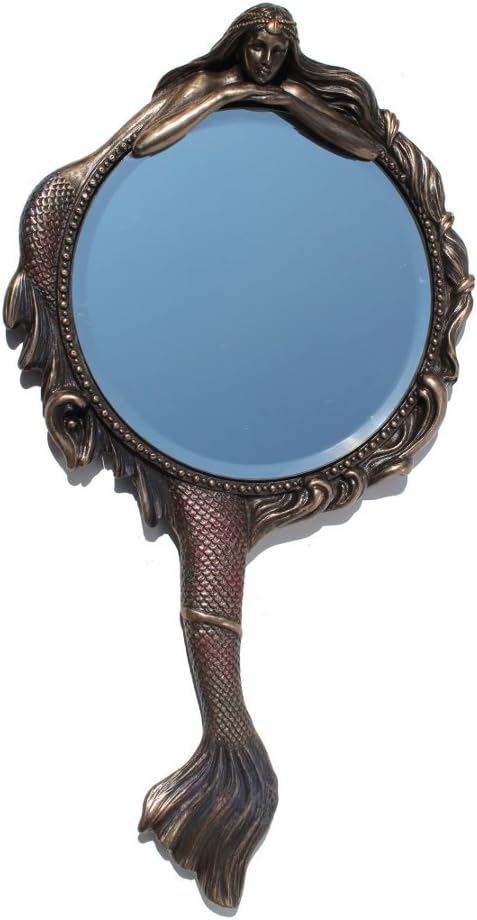 Masada Goods Mermaid Hand Mirror Collectible Decoration Figurine Cold Cast Bronze, 11 Inch Round Tabletop Mount, Bronze Copper Gold Brown Beige