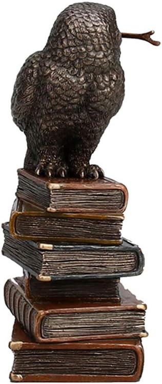 5 1/2" Tall Cold Cast Resin Antique Bronze Finish Magic Wand Snowy Owl On Book Stack Statue Figurine