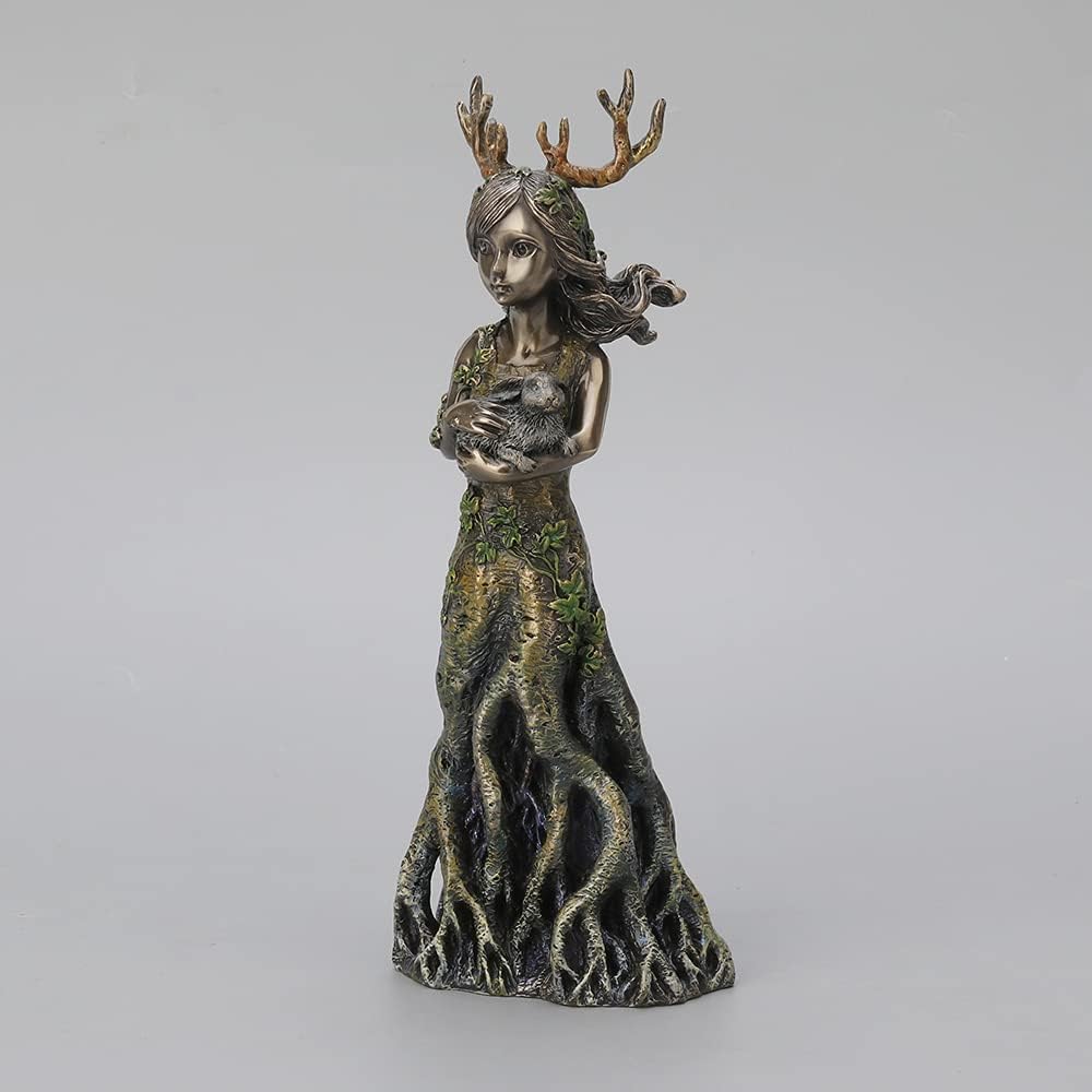 Veronese Design 9 1/2 Inch Tall Sacred Grove Lullaby Antler Tree Goddess Holding Hare Cold Cast Bronzed Resin Statue Nature Spirit Figurine Home Decor Collectible