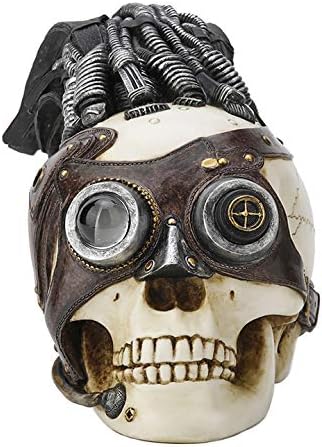 Veronese Design 5 7/8 Inch Steampunk Skull with Wire Hair and Leather Goggles Resin Hand Painted Statue Home Decor