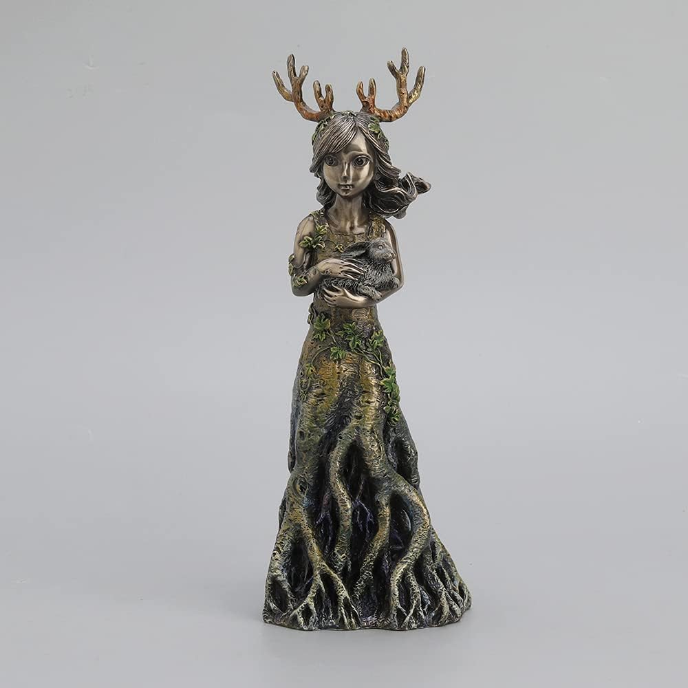 Veronese Design 9 1/2 Inch Tall Sacred Grove Lullaby Antler Tree Goddess Holding Hare Cold Cast Bronzed Resin Statue Nature Spirit Figurine Home Decor Collectible