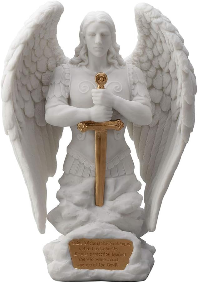 Veronese Design 9.1 Inch Saint Michael Prayer Archangel Monument Marble White Golden Finish Angel Statue
