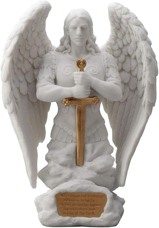 Veronese Design 9.1 Inch Saint Michael Prayer Archangel Monument Marble White Golden Finish Angel Statue