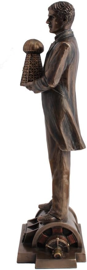 VERONESE Design 12" Tall Nikola Tesla Holding a Model of Wardenclyffe Tower Statue Cold Cast Resin Antique Bronze Finish Sculpture