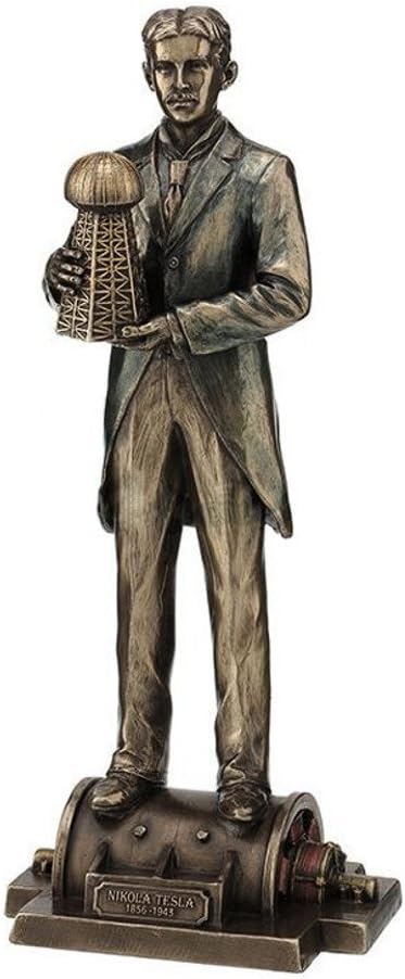 VERONESE Design 12" Tall Nikola Tesla Holding a Model of Wardenclyffe Tower Statue Cold Cast Resin Antique Bronze Finish Sculpture