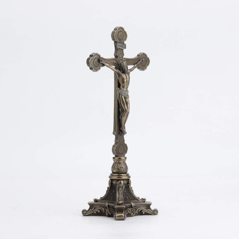 Veronese Design 13" Tall Standing Crucifix Baroque Style Stand Cold Cast Resin Antique Bronze Finish Religious Gift Home Decor Alter Sculpture