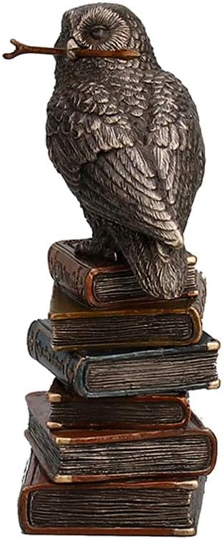 5 1/2" Tall Cold Cast Resin Antique Bronze Finish Magic Wand Snowy Owl On Book Stack Statue Figurine