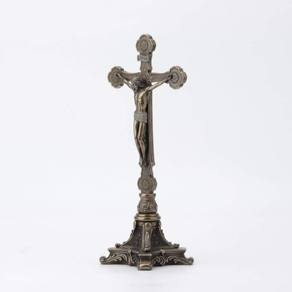 Veronese Design 13" Tall Standing Crucifix Baroque Style Stand Cold Cast Resin Antique Bronze Finish Religious Gift Home Decor Alter Sculpture