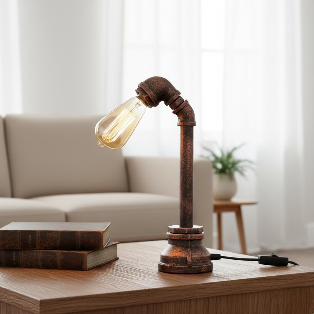14.75 Inch Steampunk Pipework Clock Stand Lamp Light Crystal Skull Bulb LED Lighting Antique Bronze Finish Sculpture