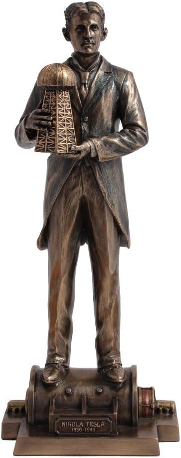 VERONESE Design 12" Tall Nikola Tesla Holding a Model of Wardenclyffe Tower Statue Cold Cast Resin Antique Bronze Finish Sculpture