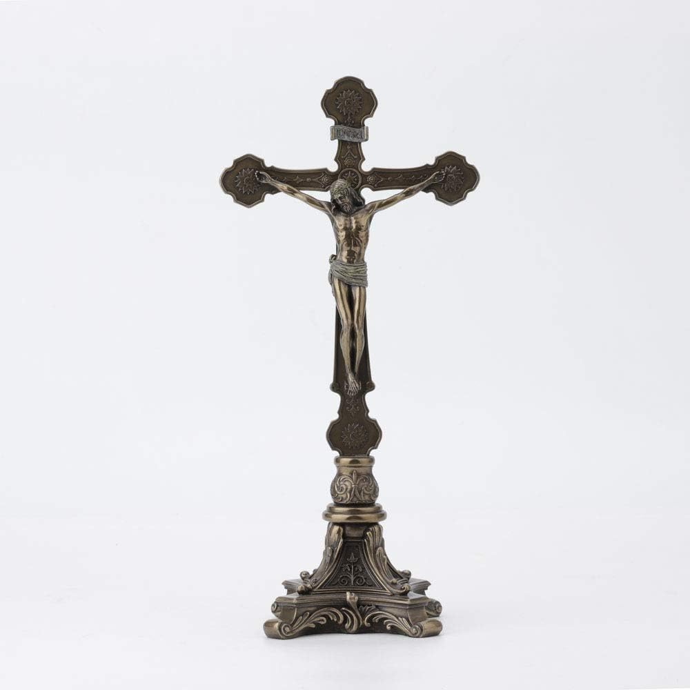 Veronese Design 13" Tall Standing Crucifix Baroque Style Stand Cold Cast Resin Antique Bronze Finish Religious Gift Home Decor Alter Sculpture
