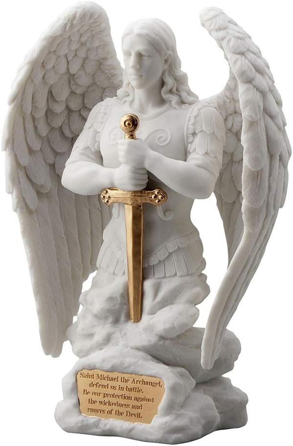 Veronese Design 9.1 Inch Saint Michael Prayer Archangel Monument Marble White Golden Finish Angel Statue
