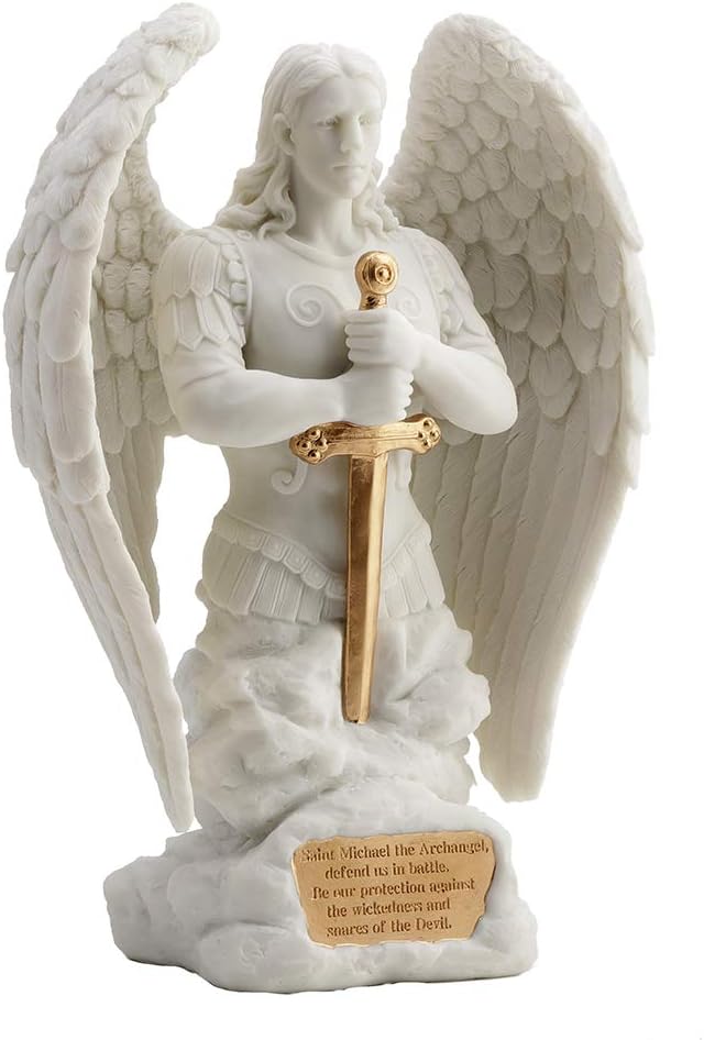 Veronese Design 9.1 Inch Saint Michael Prayer Archangel Monument Marble White Golden Finish Angel Statue