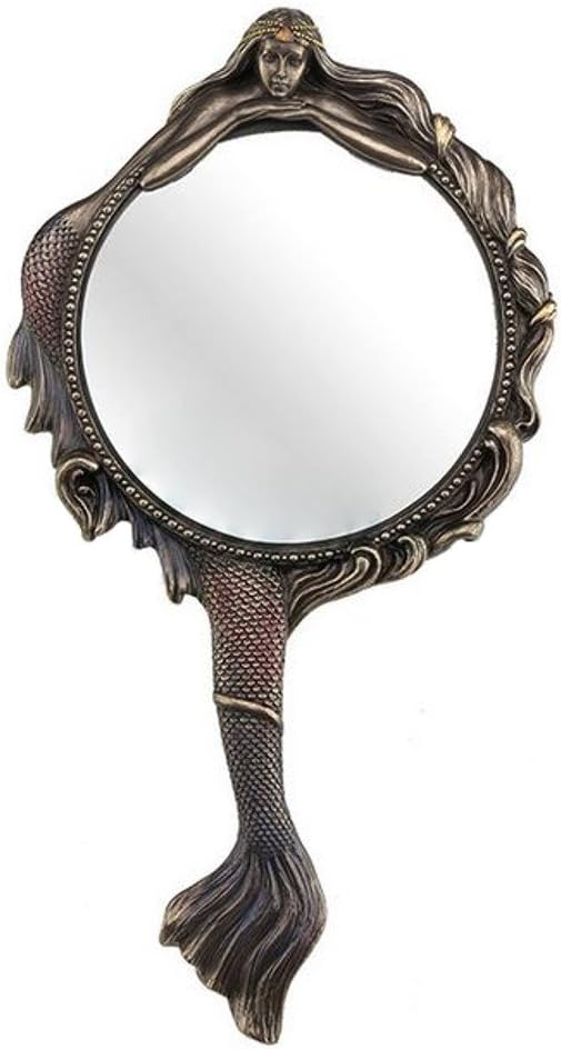 Masada Goods Mermaid Hand Mirror Collectible Decoration Figurine Cold Cast Bronze, 11 Inch Round Tabletop Mount, Bronze Copper Gold Brown Beige