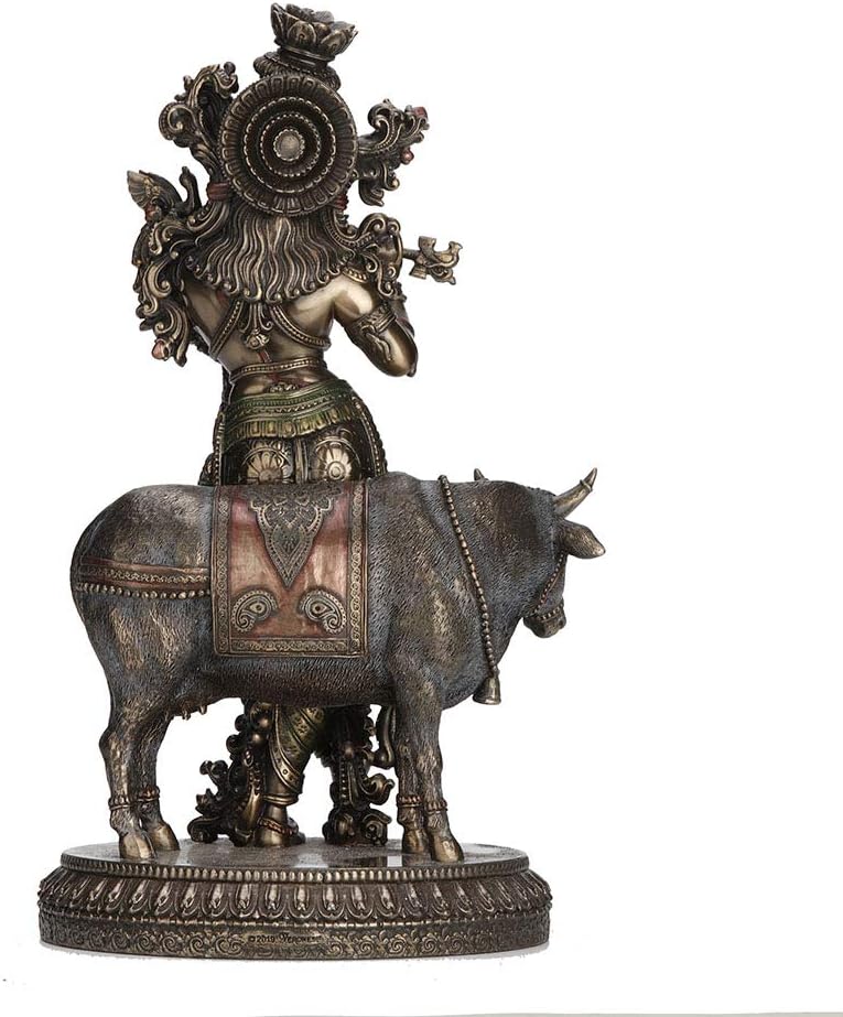 10.5 Inch Hindu God Krishna and The Holy Cow Antique Bronze Finish Sculpture Figurine