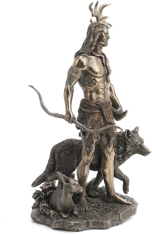 Veronese Design Resin Statues Herne The Spirit Hunter of Windsor Forest Standing with Deer and Wolf 6 X 11.5 X 6 Inches Bronze
