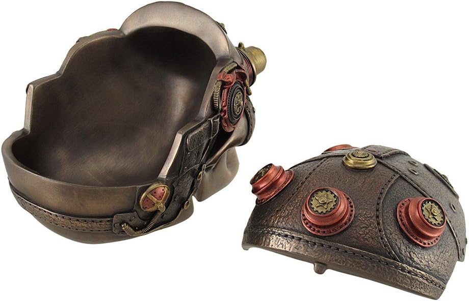 Veronese Design Bronze Finish Leather Look Gearhead Steampunk Skull Trinket/Stash Box