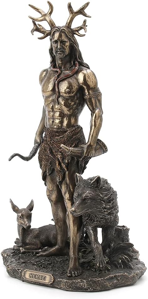 Veronese Design Resin Statues Herne The Spirit Hunter of Windsor Forest Standing with Deer and Wolf 6 X 11.5 X 6 Inches Bronze