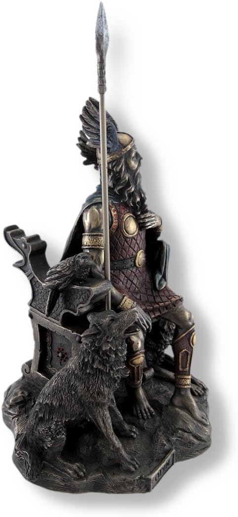 Things2Die4 Bronzed Norse God Odin on Throne with Ravens and Wolves Statue